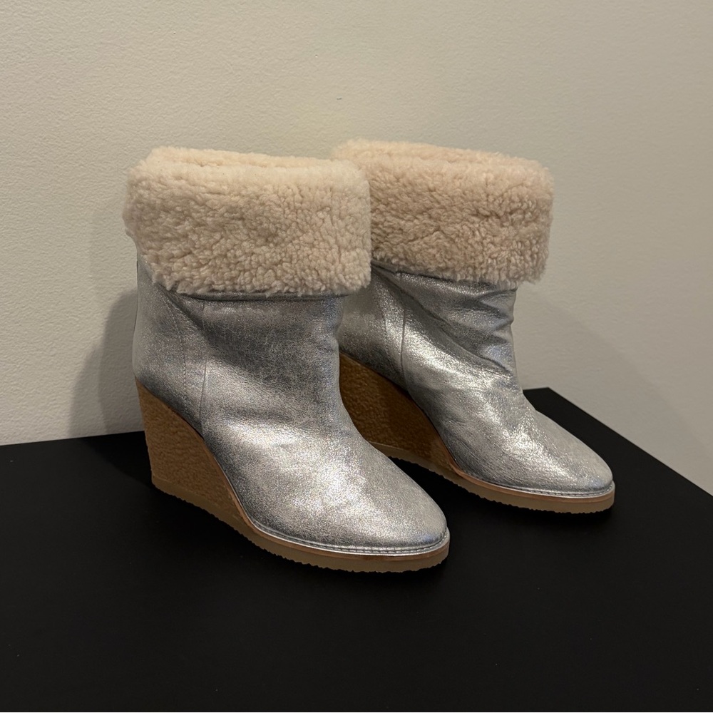 Isabel Marant Genuine Shearling Lined Silver Wedge Bootie